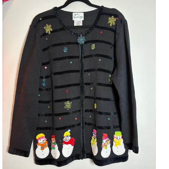 Quacker Factory Sweaters - Quacker Factory Large Zip Front Beaded Snowman Cardigan Sweater